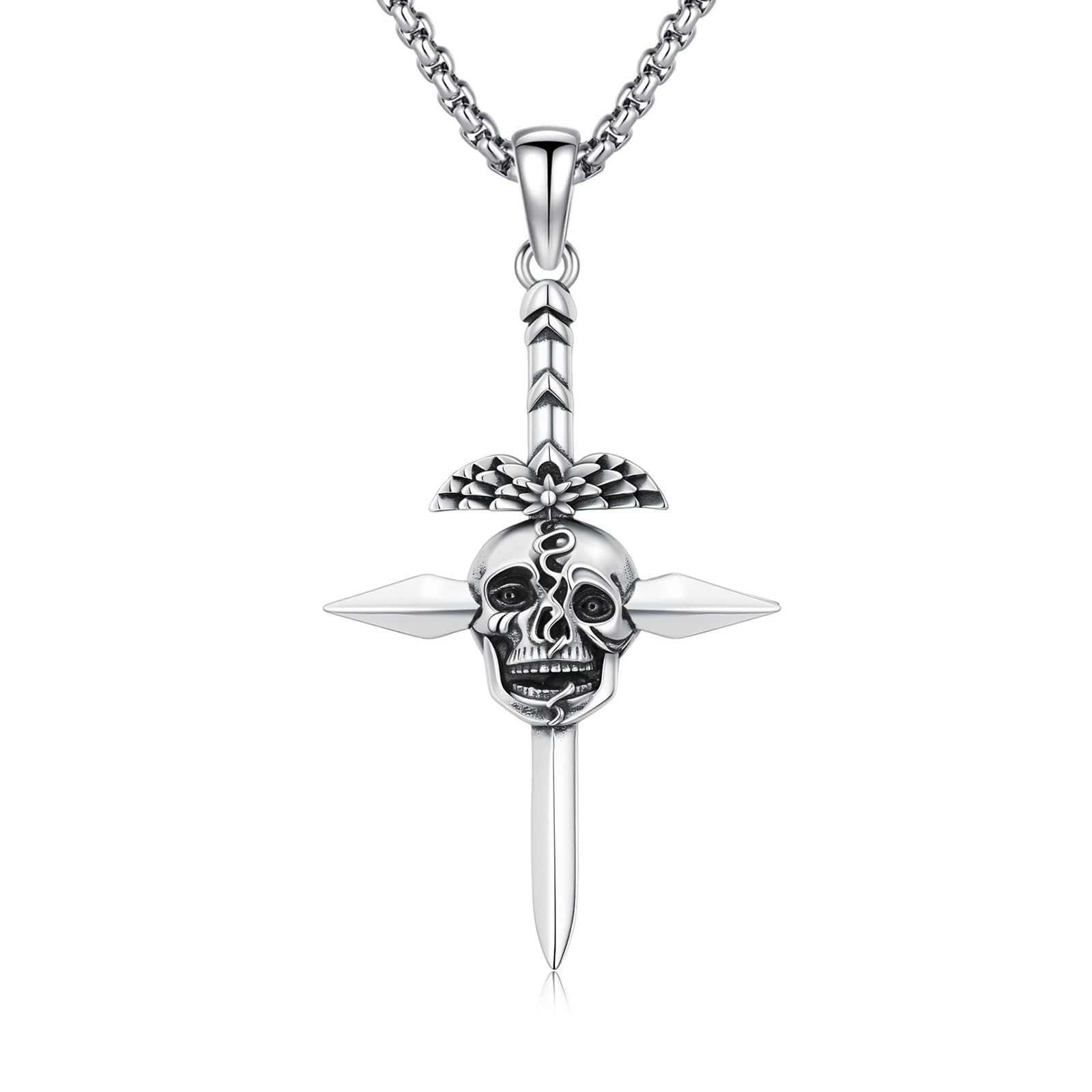 Skull Necklace 925 Sterling Silver Skull Pendant with Skeleton Hand and Austrian Aquamarine Heart Crystal Gothic Skull Horror Jewelry Gift for Women Halloween - 20+2” Stainless Steel Chain