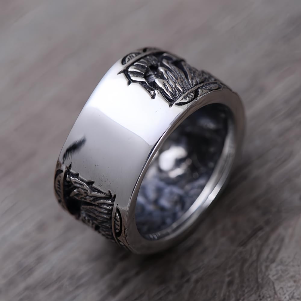 Retro 925 Sterling Silver Eagle Ring Band with Golden Sun Punk Jewelry for Men Women Size 8-12