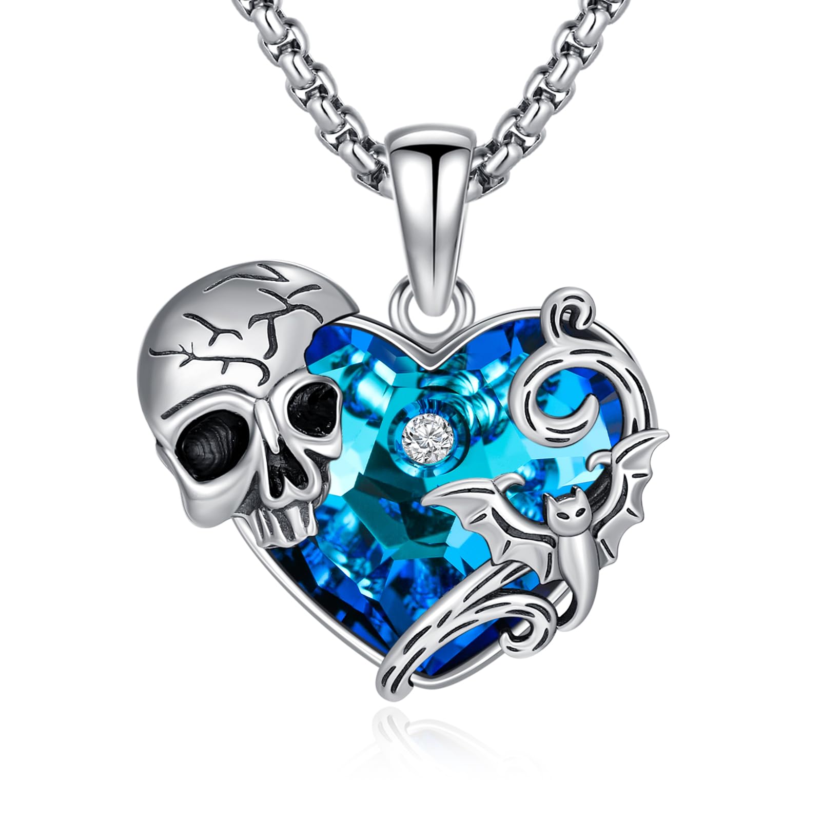 Skull Necklace 925 Sterling Silver Skull Pendant with Skeleton Hand and Austrian Aquamarine Heart Crystal Gothic Skull Horror Jewelry Gift for Women Halloween - 20+2” Stainless Steel Chain