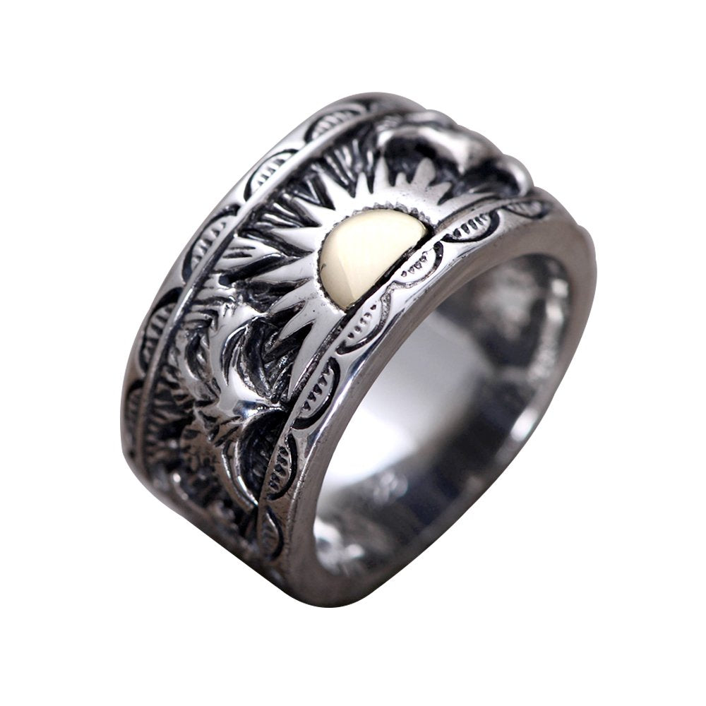 Retro 925 Sterling Silver Eagle Ring Band with Golden Sun Punk Jewelry for Men Women Size 8-12