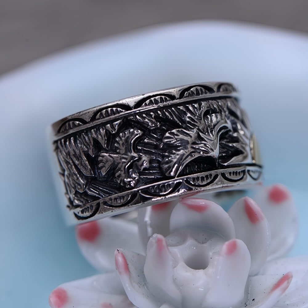 Retro 925 Sterling Silver Eagle Ring Band with Golden Sun Punk Jewelry for Men Women Size 8-12
