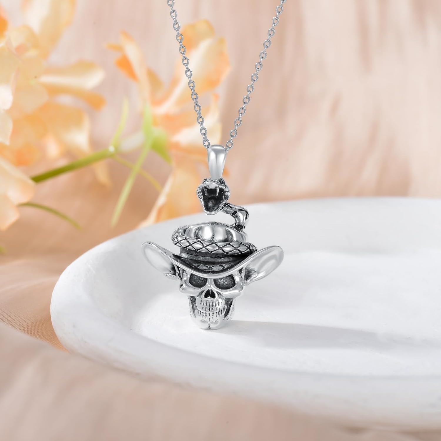 Skull Necklace 925 Sterling Silver Skull Pendant with Skeleton Hand and Austrian Aquamarine Heart Crystal Gothic Skull Horror Jewelry Gift for Women Halloween - 20+2” Stainless Steel Chain