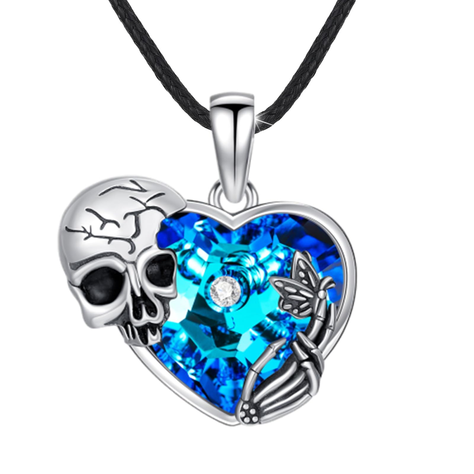 Skull Necklace 925 Sterling Silver Skull Pendant with Skeleton Hand and Austrian Aquamarine Heart Crystal Gothic Skull Horror Jewelry Gift for Women Halloween - 20+2” Stainless Steel Chain