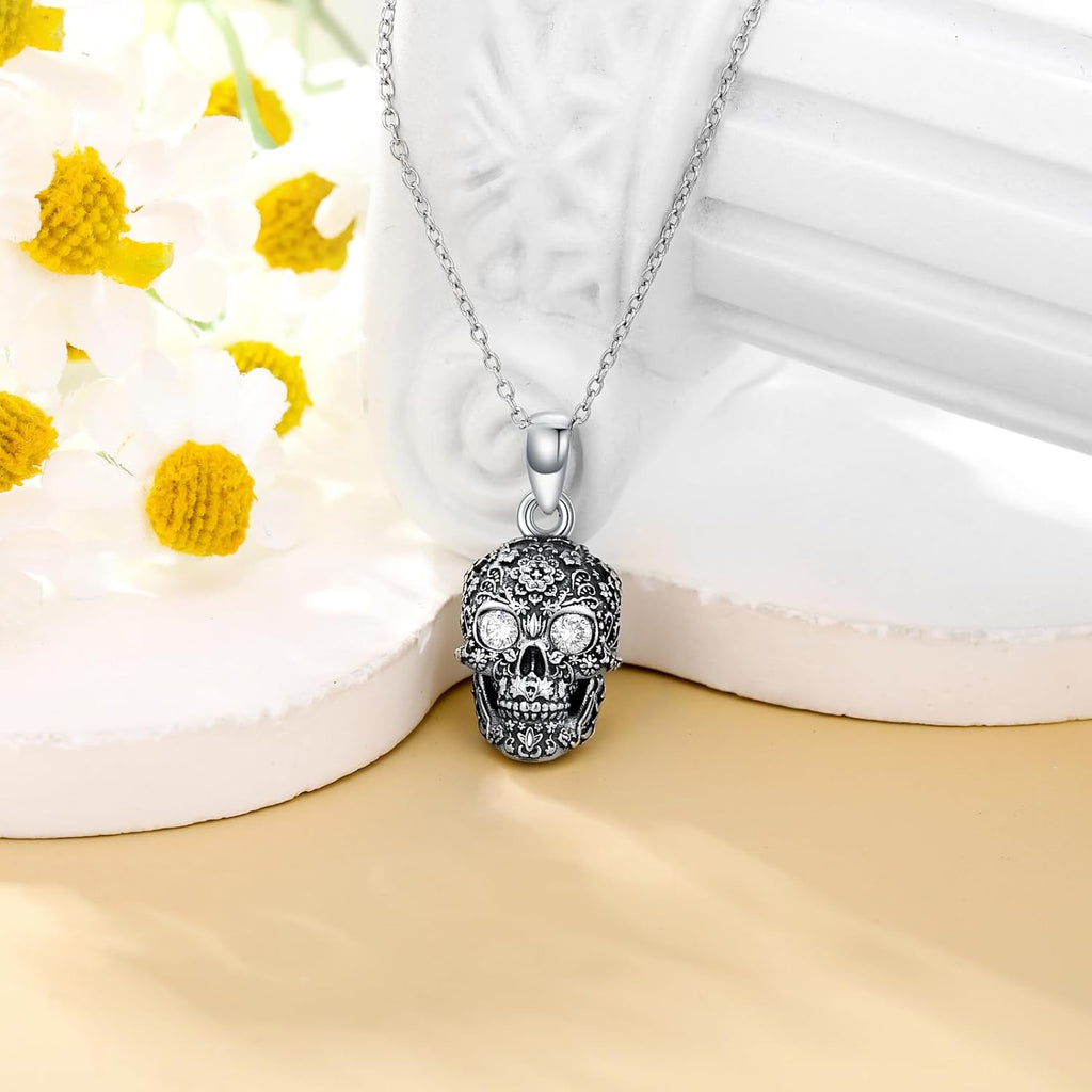 Diamond Skull Necklace for Women 925 Sterling Silver Floral Skull Pendant Necklaces with Lab Grown Diamond Jewelry Gifts