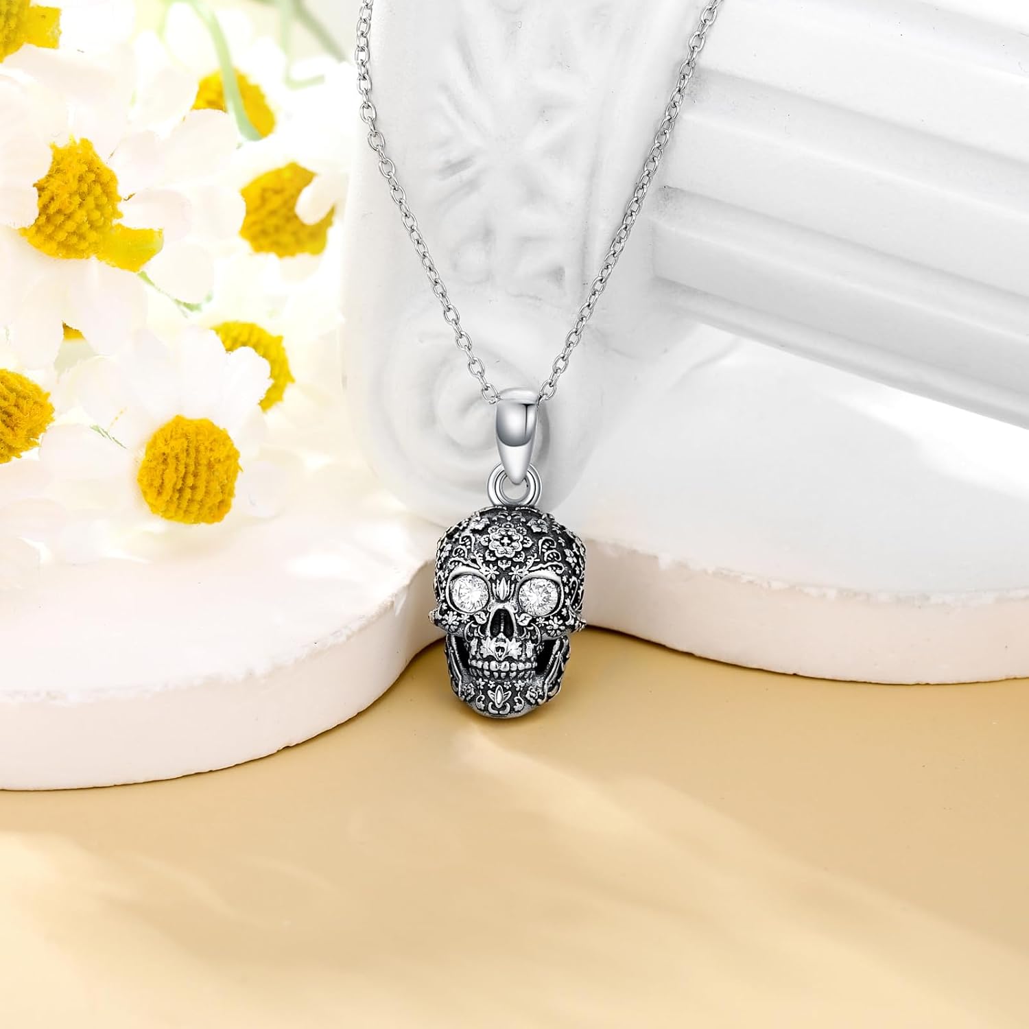 Diamond Skull Necklace for Women 925 Sterling Silver Floral Skull Pendant Necklaces with Lab Grown Diamond Jewelry Gifts