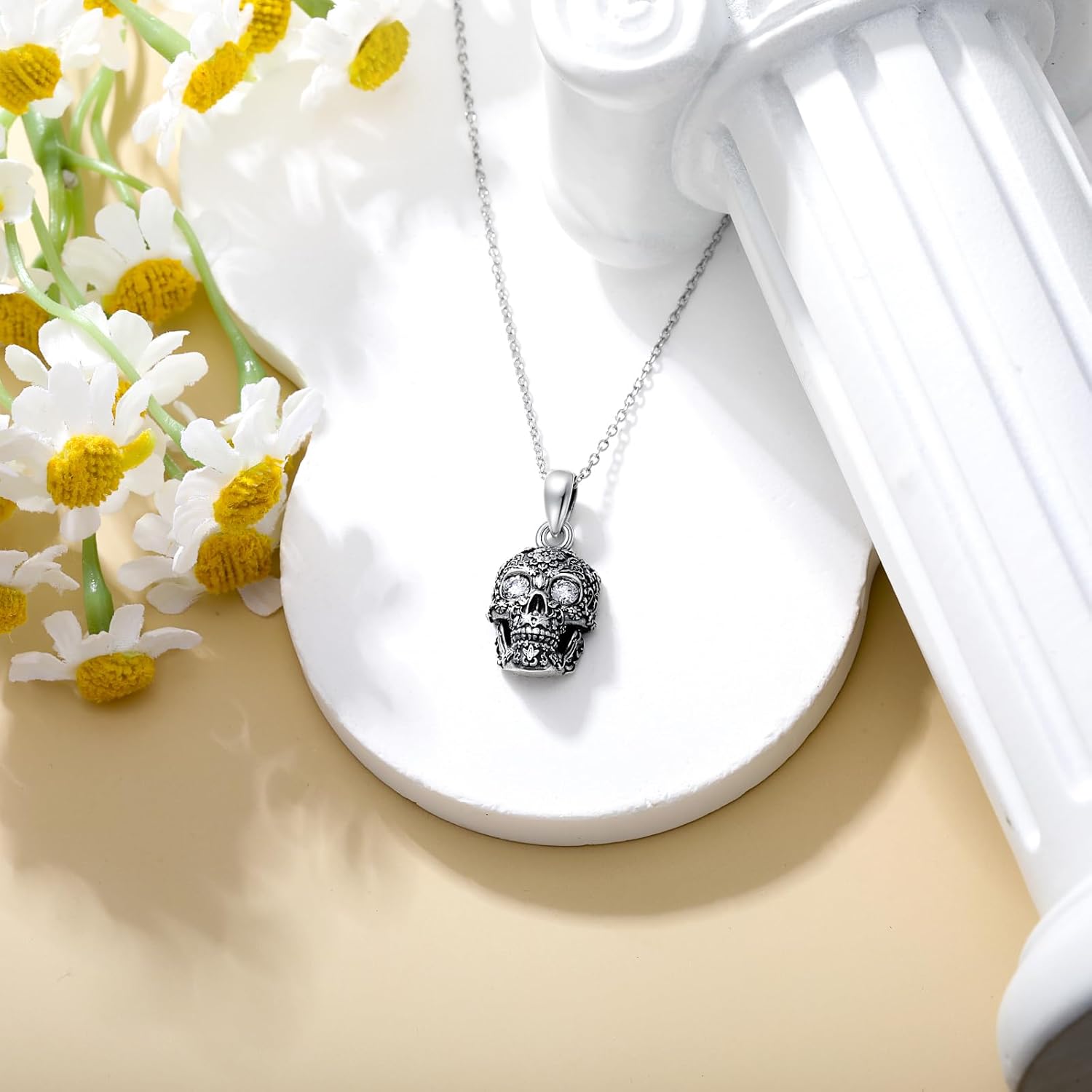 Diamond Skull Necklace for Women 925 Sterling Silver Floral Skull Pendant Necklaces with Lab Grown Diamond Jewelry Gifts