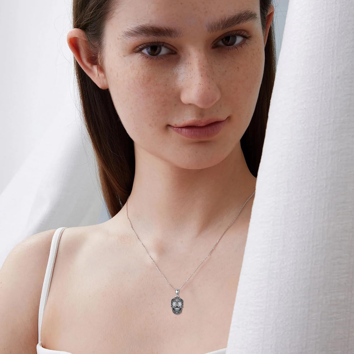Diamond Skull Necklace for Women 925 Sterling Silver Floral Skull Pendant Necklaces with Lab Grown Diamond Jewelry Gifts