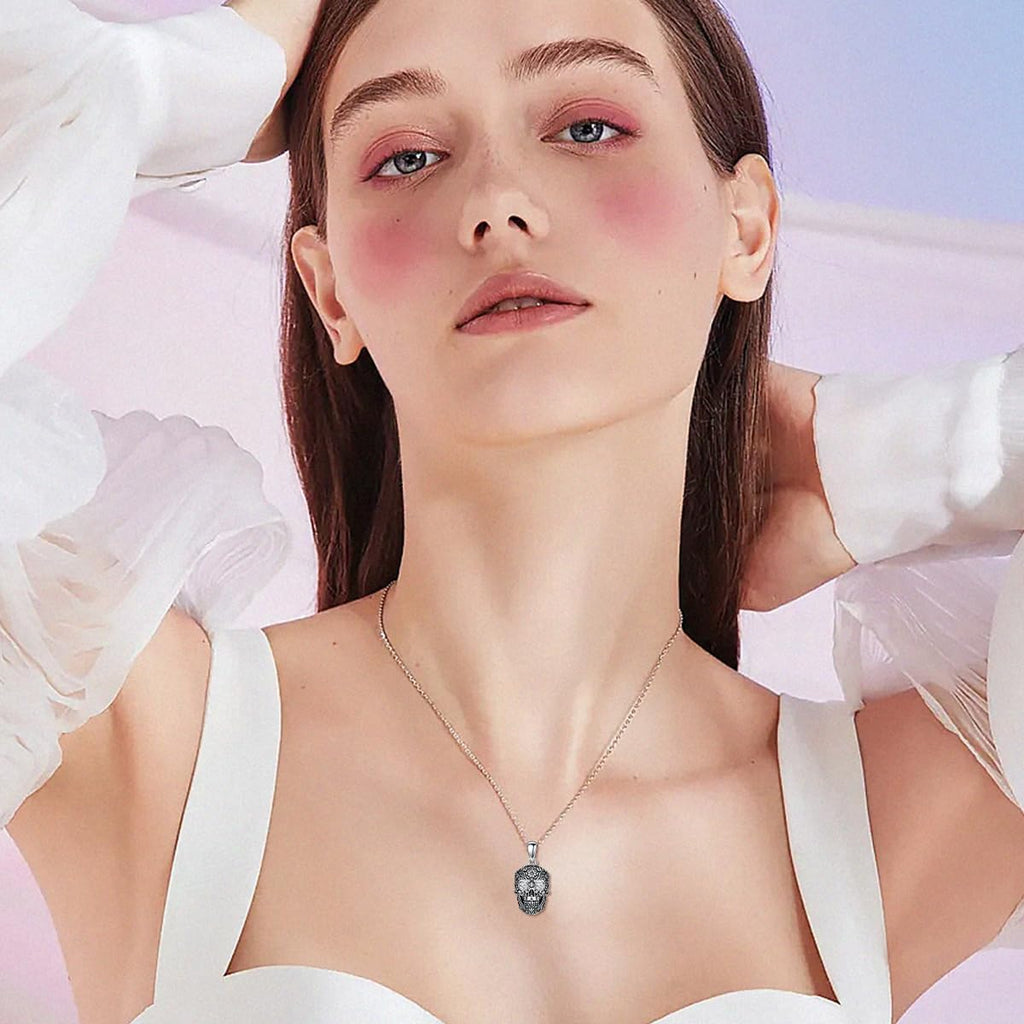Diamond Skull Necklace for Women 925 Sterling Silver Floral Skull Pendant Necklaces with Lab Grown Diamond Jewelry Gifts