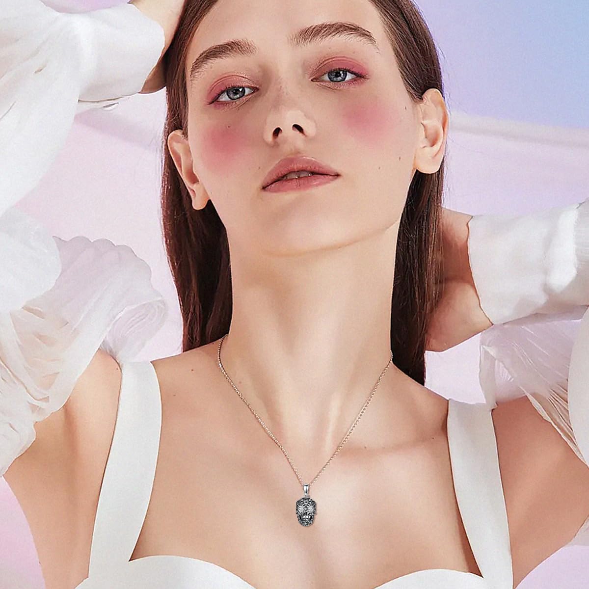 Diamond Skull Necklace for Women 925 Sterling Silver Floral Skull Pendant Necklaces with Lab Grown Diamond Jewelry Gifts