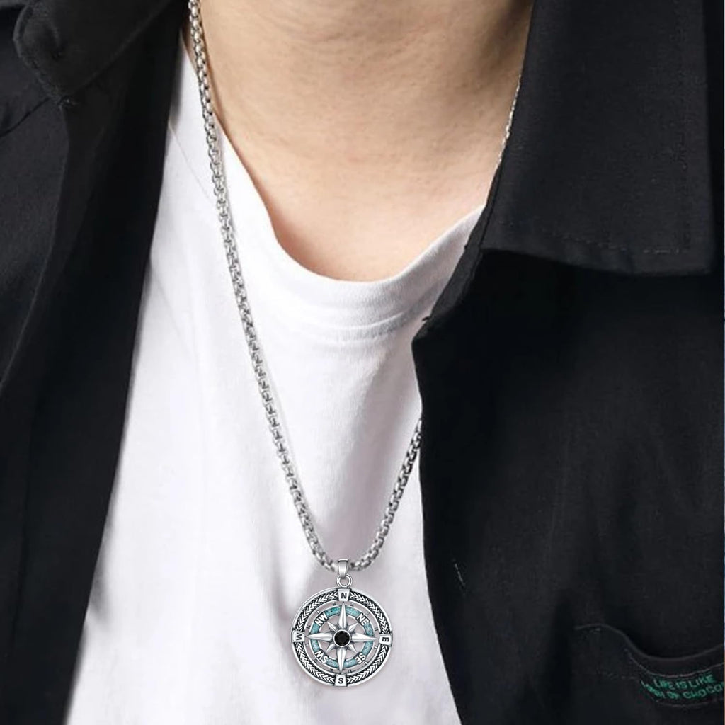 925 Sterling Silver Compass Necklace for Men - Graduation Gifts for Him with Turquoise - Compass Pendant for Graduation Mens Travel Jewelry