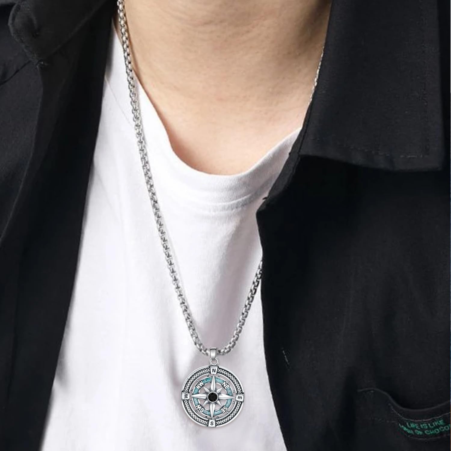 925 Sterling Silver Compass Necklace for Men - Graduation Gifts for Him with Turquoise - Compass Pendant for Graduation Mens Travel Jewelry