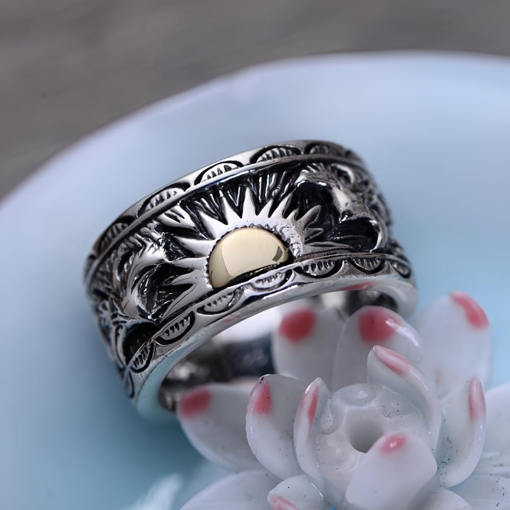 Retro 925 Sterling Silver Eagle Ring Band with Golden Sun Punk Jewelry for Men Women Size 8-12