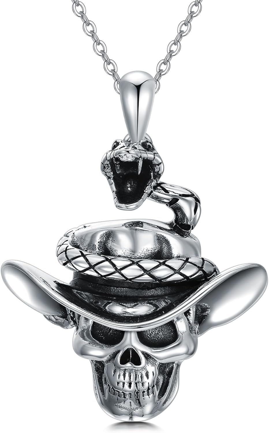 Skull Necklace 925 Sterling Silver Skull Pendant with Skeleton Hand and Austrian Aquamarine Heart Crystal Gothic Skull Horror Jewelry Gift for Women Halloween - 20+2” Stainless Steel Chain