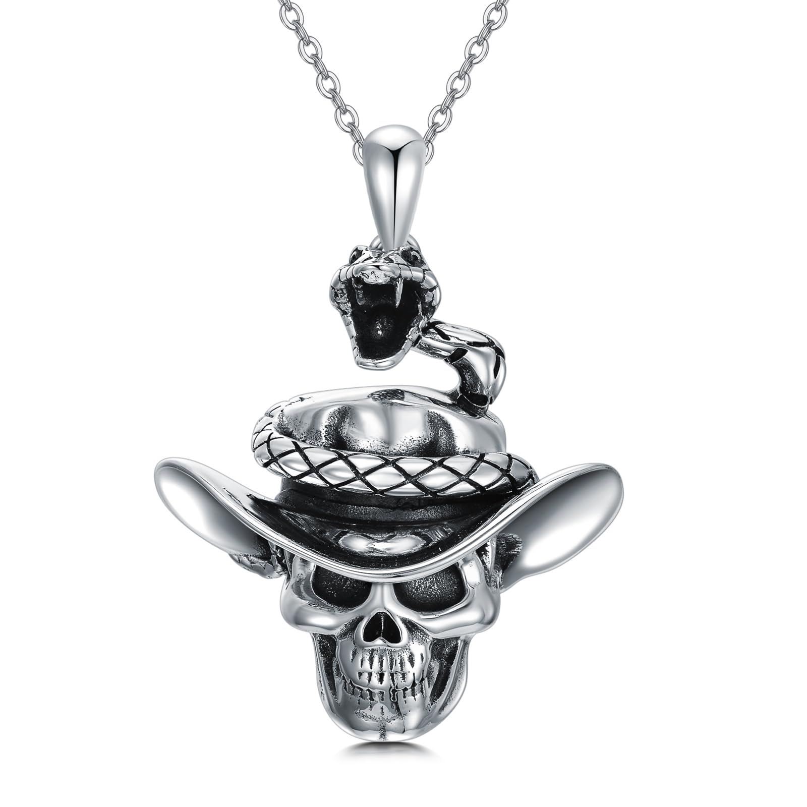 Skull Necklace 925 Sterling Silver Skull Pendant with Skeleton Hand and Austrian Aquamarine Heart Crystal Gothic Skull Horror Jewelry Gift for Women Halloween - 20+2” Stainless Steel Chain