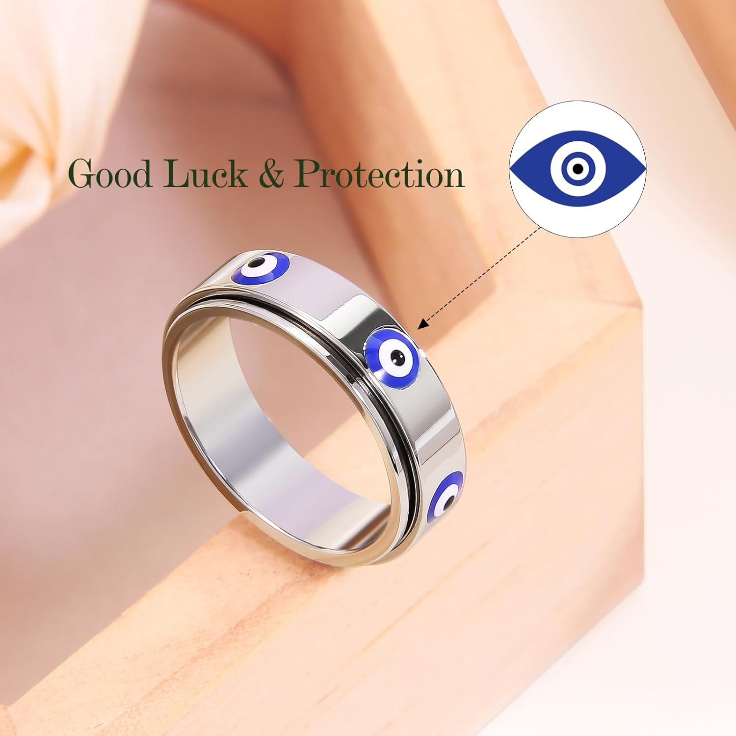 Evil Eye Fidget Ring for Women - 18K Gold Plated Stainless Steel Spinner Rings for Anxiety Relief, Ojo Turco Ring Luck Amulet, Turkish Faith Protection Stackable Jewelry Gift for Women Men