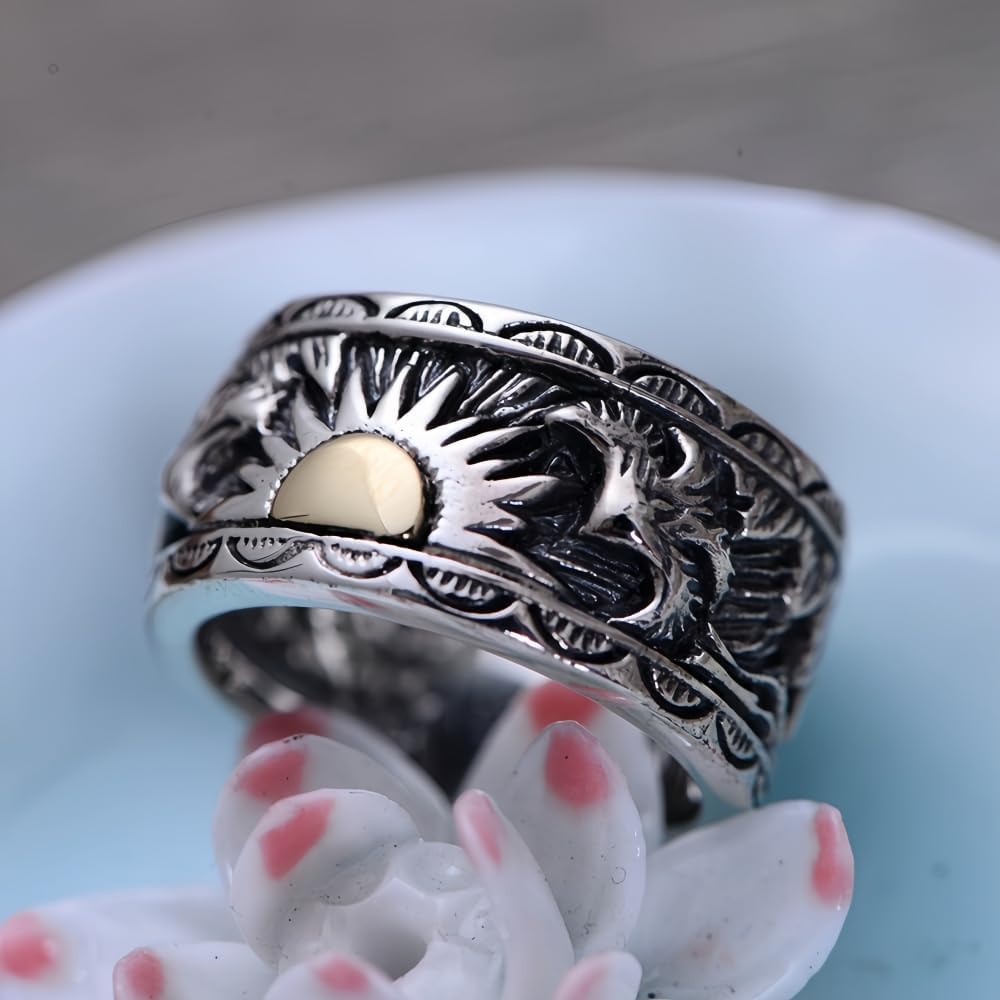 Retro 925 Sterling Silver Eagle Ring Band with Golden Sun Punk Jewelry for Men Women Size 8-12