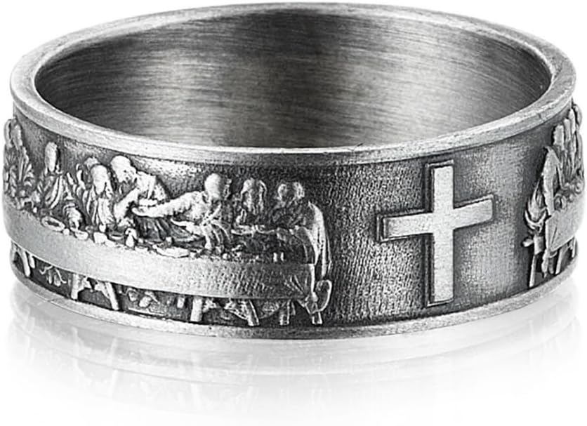 Last Supper Silver Band Ring, Handmade Sterling Mens Womens Band Ring, Mens 925K Ring with Cross, 0,013-0,017 Lbs, Custom Christian Jewelry, Catholic Gift