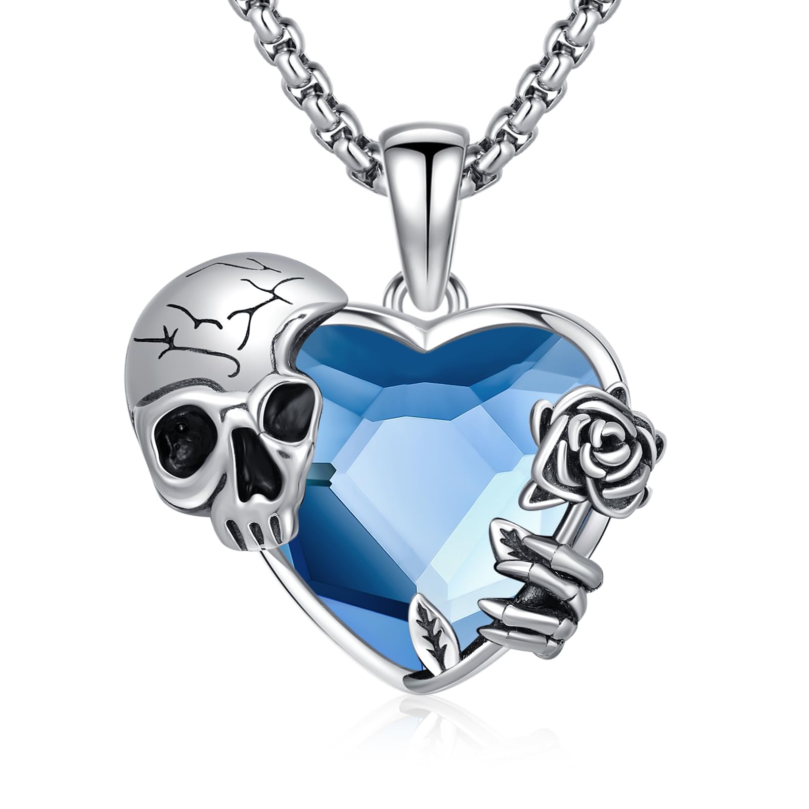Skull Necklace 925 Sterling Silver Skull Pendant with Skeleton Hand and Austrian Aquamarine Heart Crystal Gothic Skull Horror Jewelry Gift for Women Halloween - 20+2” Stainless Steel Chain