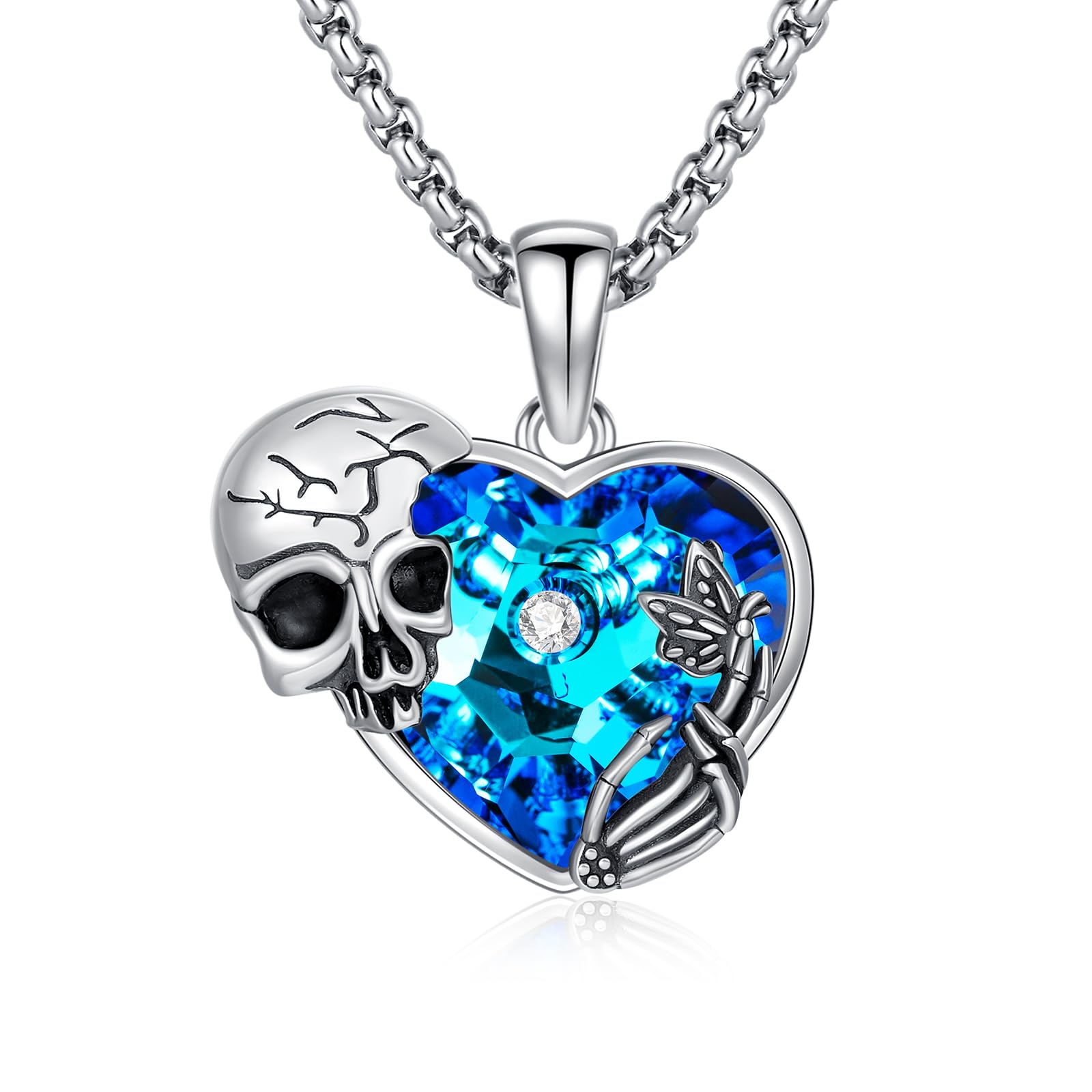Skull Necklace 925 Sterling Silver Skull Pendant with Skeleton Hand and Austrian Aquamarine Heart Crystal Gothic Skull Horror Jewelry Gift for Women Halloween - 20+2” Stainless Steel Chain