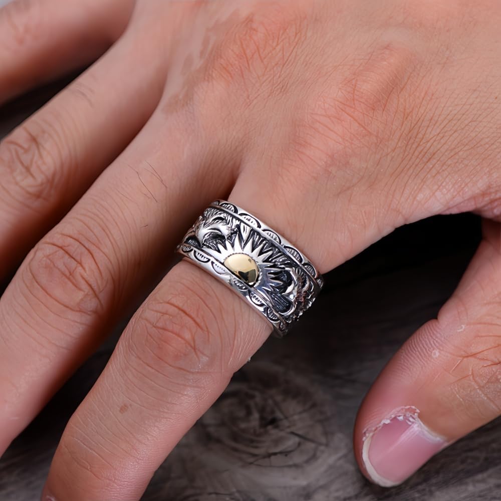 Retro 925 Sterling Silver Eagle Ring Band with Golden Sun Punk Jewelry for Men Women Size 8-12