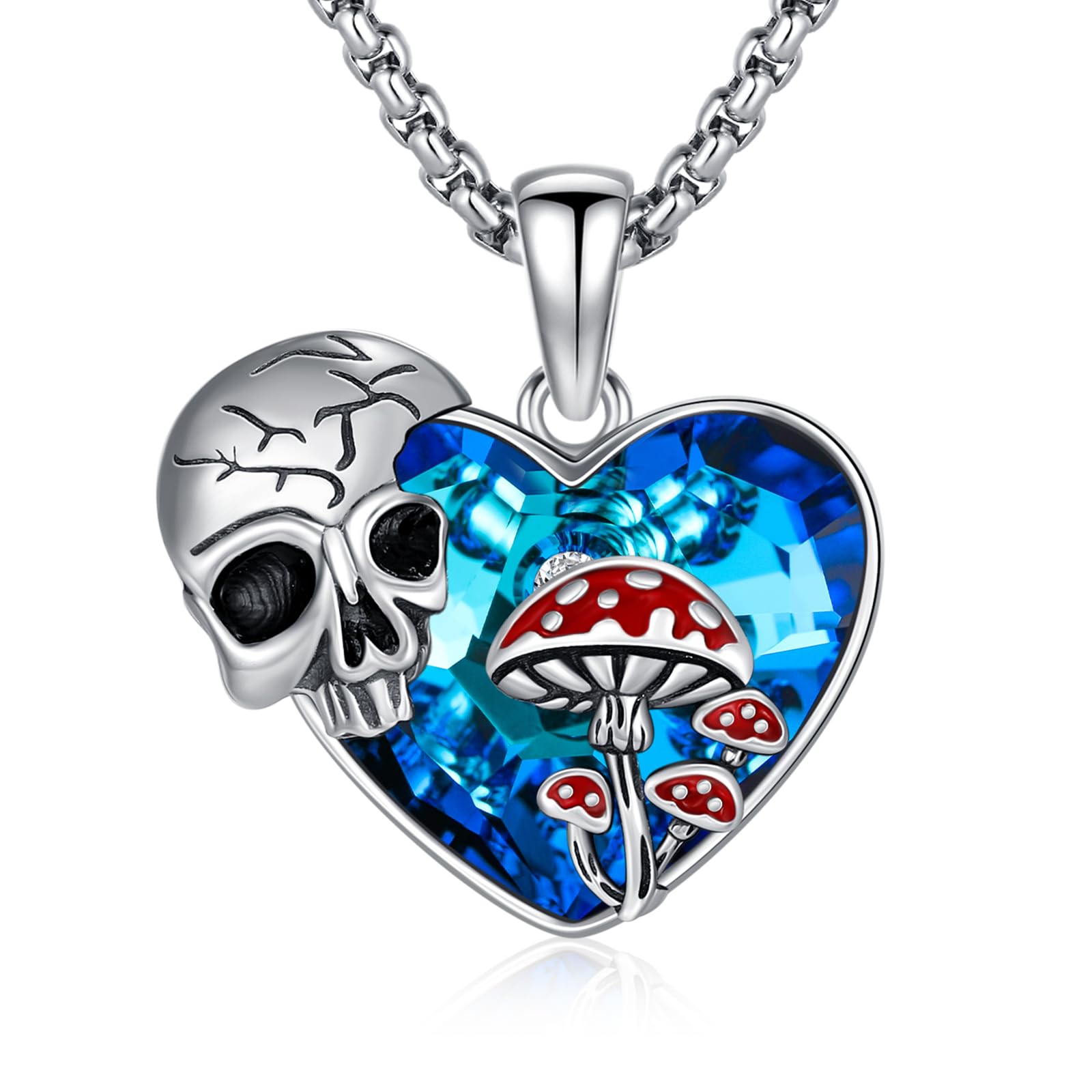 Skull Necklace 925 Sterling Silver Skull Pendant with Skeleton Hand and Austrian Aquamarine Heart Crystal Gothic Skull Horror Jewelry Gift for Women Halloween - 20+2” Stainless Steel Chain