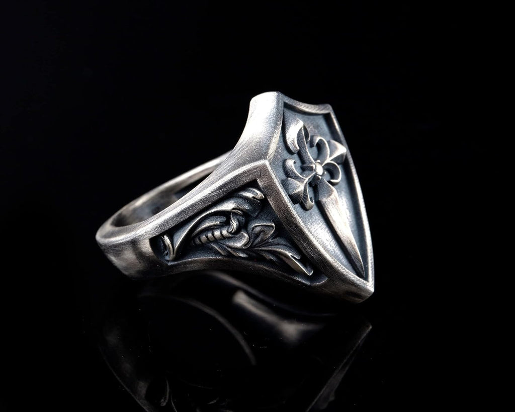 Santiago Cross Orden Signet Ring, 925K Silver Custom Christian Ring, 0.037-0.041 lbs, 0,98 x 0,78 Inch, Fleur De Lis Heraldic Wedding Band, Promise Ring, Cross Amulet Ring