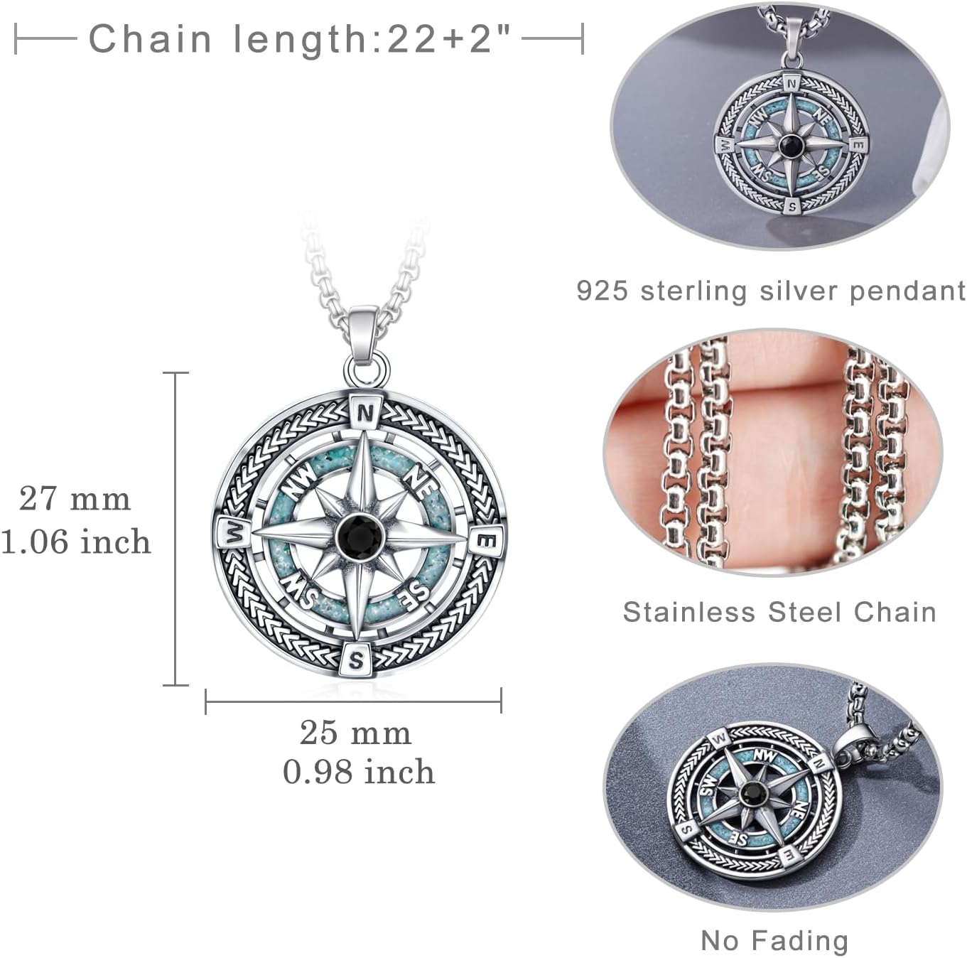 925 Sterling Silver Compass Necklace for Men - Graduation Gifts for Him with Turquoise - Compass Pendant for Graduation Mens Travel Jewelry