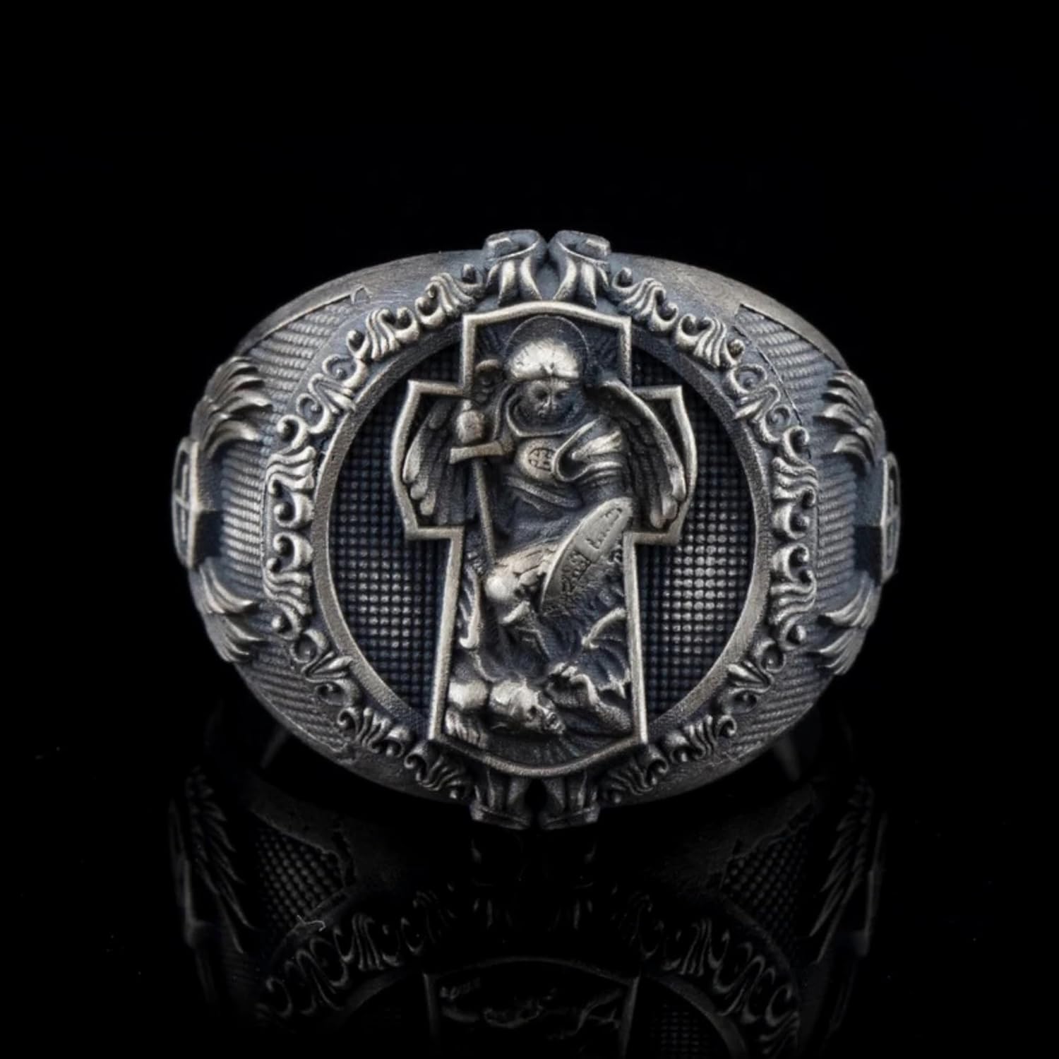 Archangel Michael in Cross Ring, Christian Jewelry, 0.029-0.030 lbs, 0,66 x 0,78 Inch, Mens 925 Sterling Ring, Archangel Saint Michael Warrior Ring, Personalized Gifts For Dad