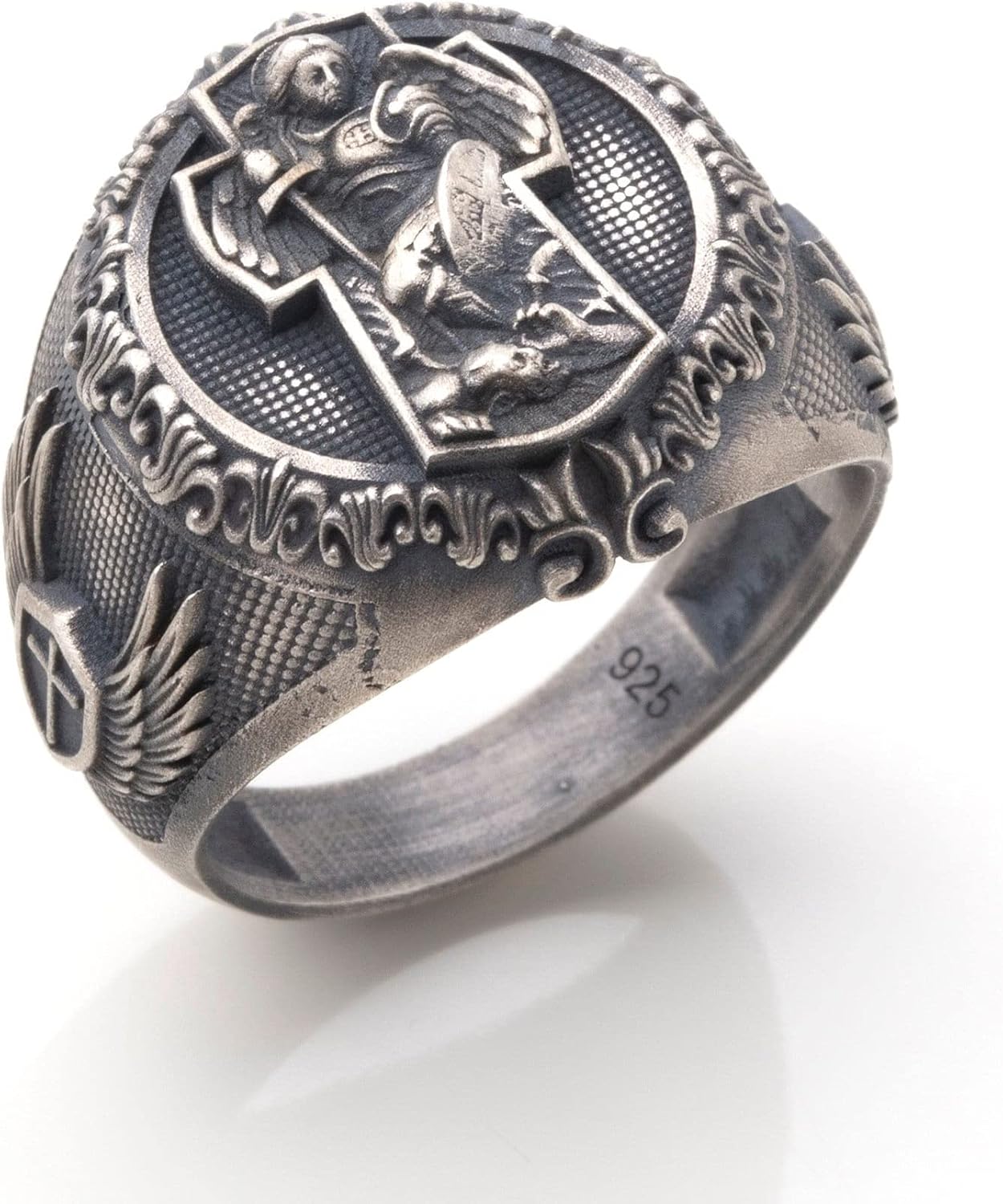 Archangel Michael in Cross Ring, Christian Jewelry, 0.029-0.030 lbs, 0,66 x 0,78 Inch, Mens 925 Sterling Ring, Archangel Saint Michael Warrior Ring, Personalized Gifts For Dad