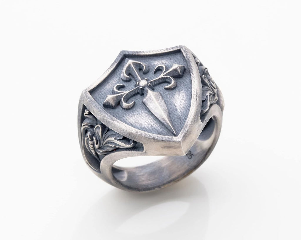 Santiago Cross Orden Signet Ring, 925K Silver Custom Christian Ring, 0.037-0.041 lbs, 0,98 x 0,78 Inch, Fleur De Lis Heraldic Wedding Band, Promise Ring, Cross Amulet Ring