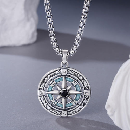 925 Sterling Silver Compass Necklace for Men - Graduation Gifts for Him with Turquoise - Compass Pendant for Graduation Mens Travel Jewelry