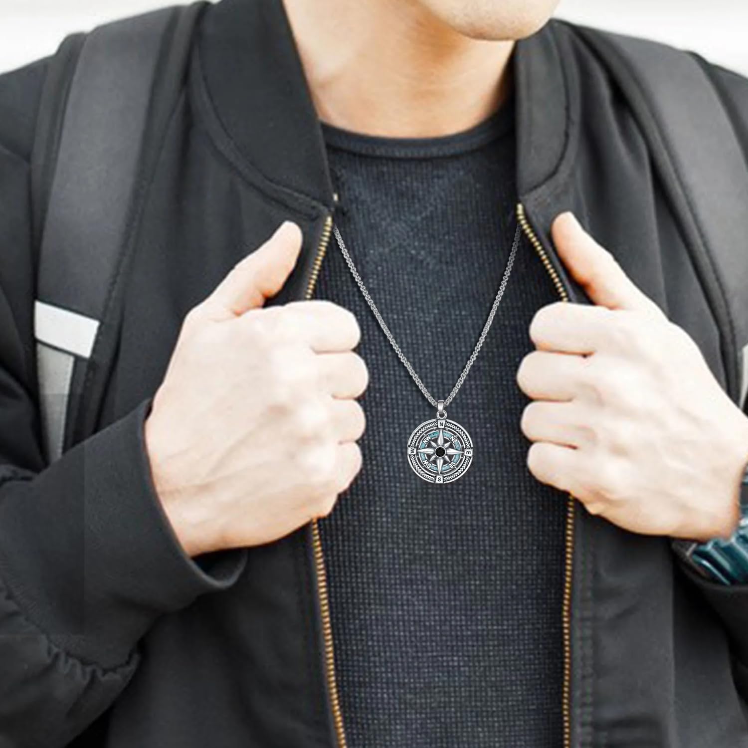 925 Sterling Silver Compass Necklace for Men - Graduation Gifts for Him with Turquoise - Compass Pendant for Graduation Mens Travel Jewelry