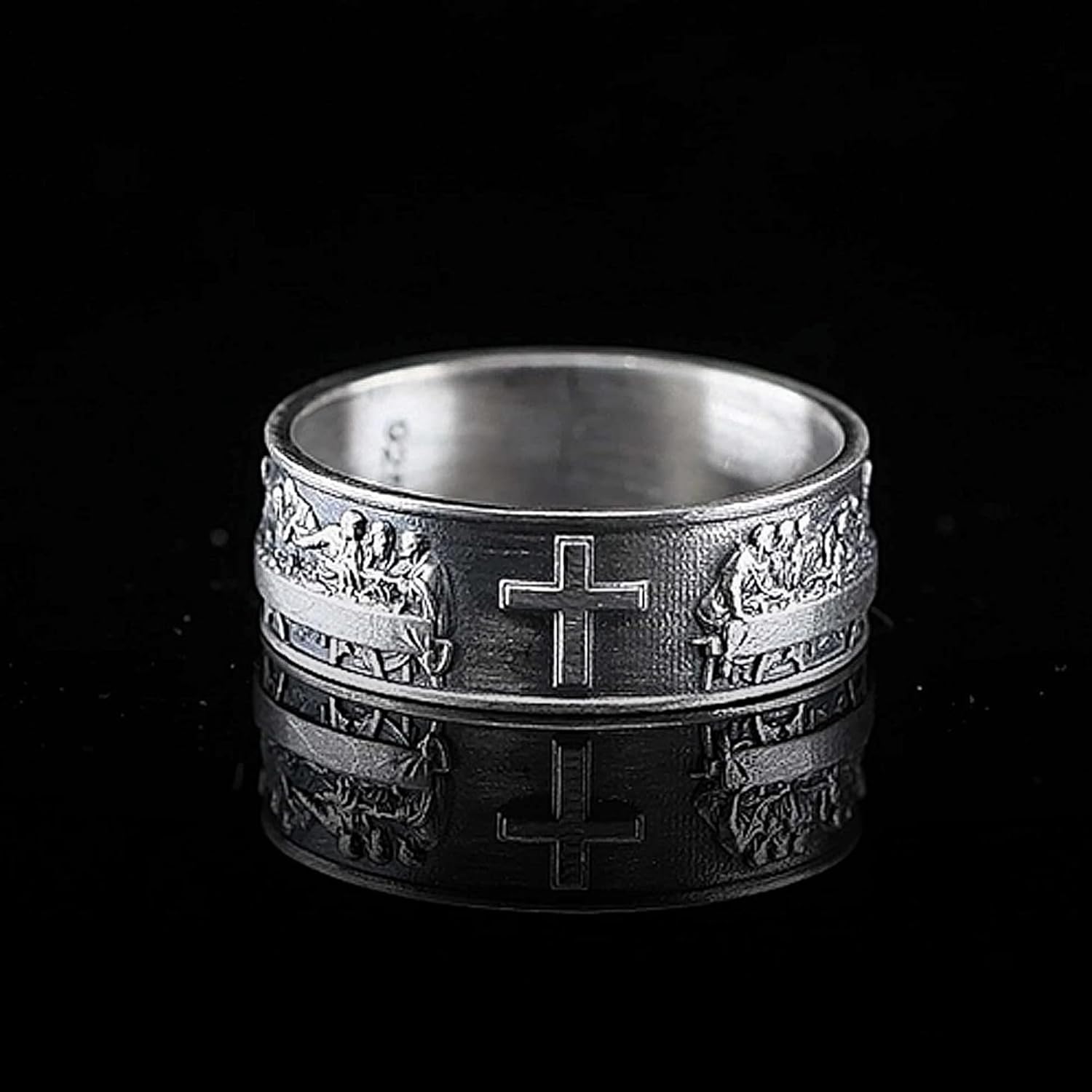 Last Supper Silver Band Ring, Handmade Sterling Mens Womens Band Ring, Mens 925K Ring with Cross, 0,013-0,017 Lbs, Custom Christian Jewelry, Catholic Gift