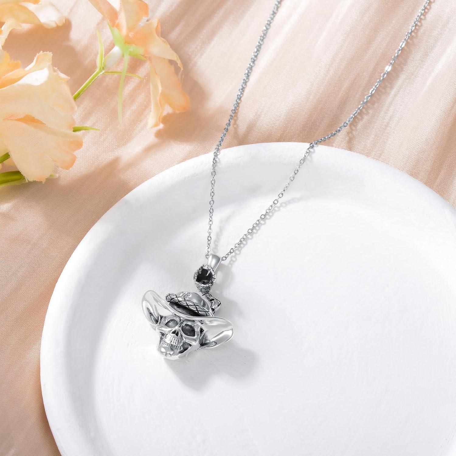 Skull Necklace 925 Sterling Silver Skull Pendant with Skeleton Hand and Austrian Aquamarine Heart Crystal Gothic Skull Horror Jewelry Gift for Women Halloween - 20+2” Stainless Steel Chain