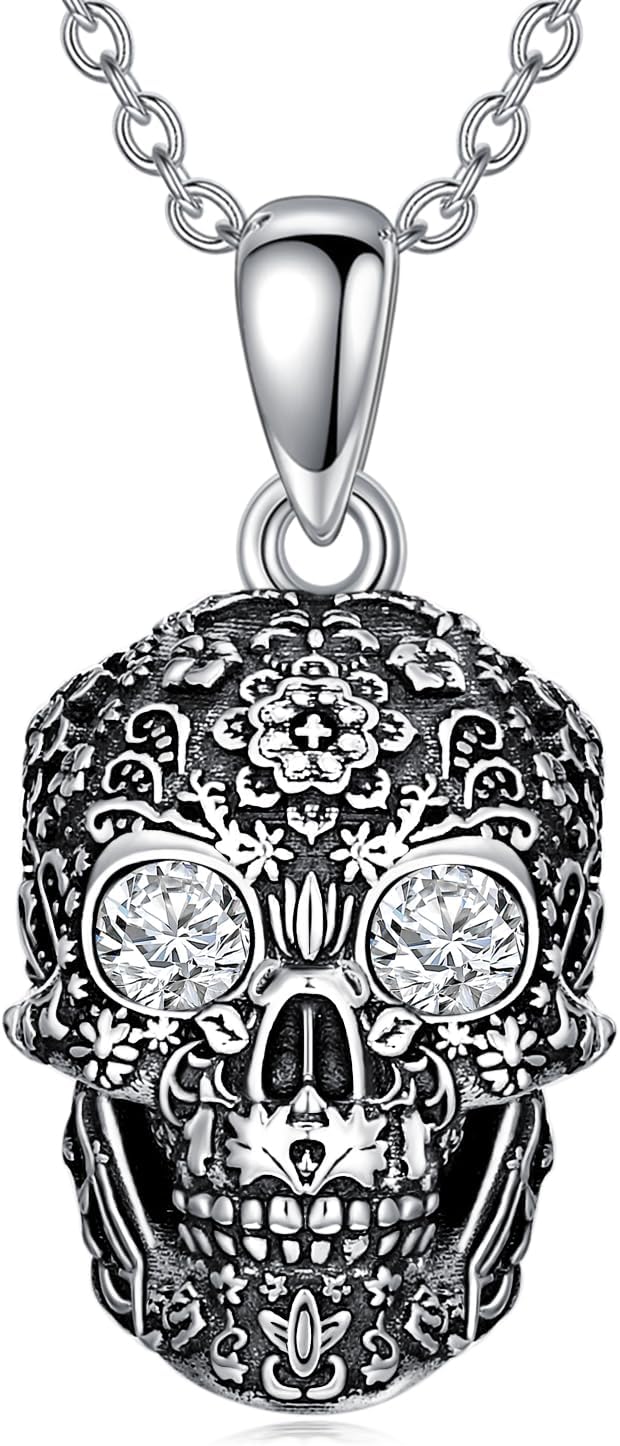 Diamond Skull Necklace for Women 925 Sterling Silver Floral Skull Pendant Necklaces with Lab Grown Diamond Jewelry Gifts
