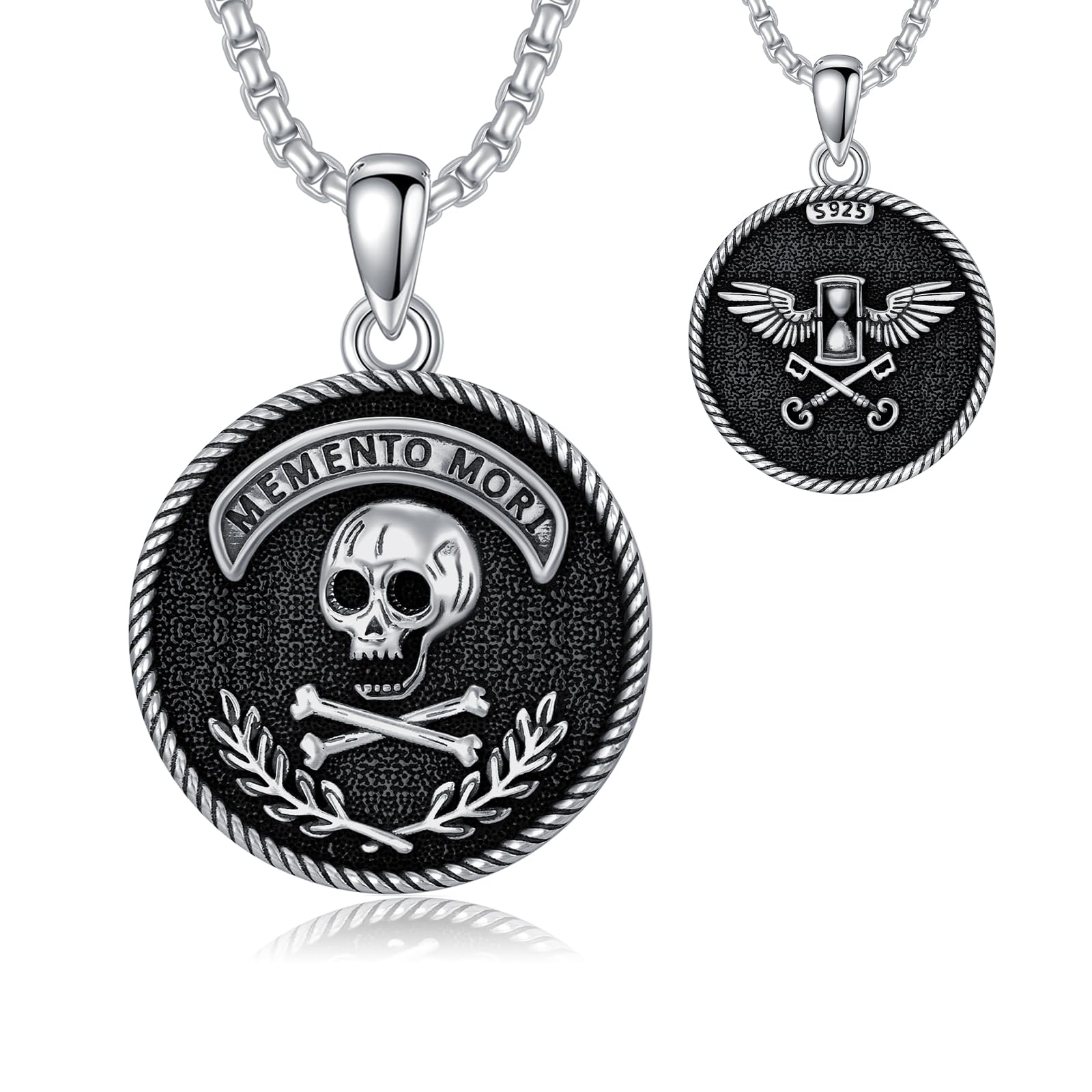 Skull Necklace 925 Sterling Silver Skull Pendant with Skeleton Hand and Austrian Aquamarine Heart Crystal Gothic Skull Horror Jewelry Gift for Women Halloween - 20+2” Stainless Steel Chain