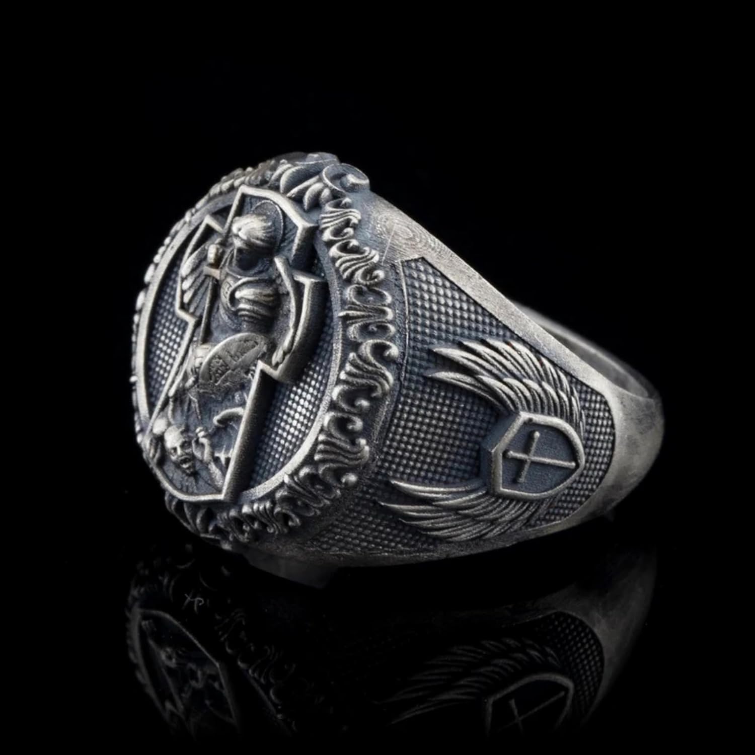 Archangel Michael in Cross Ring, Christian Jewelry, 0.029-0.030 lbs, 0,66 x 0,78 Inch, Mens 925 Sterling Ring, Archangel Saint Michael Warrior Ring, Personalized Gifts For Dad