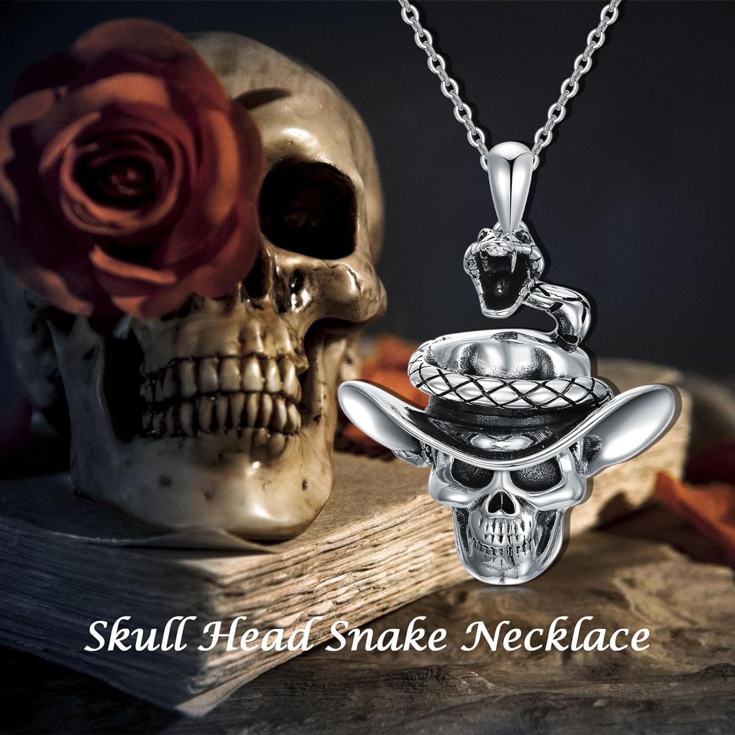 Skull Necklace 925 Sterling Silver Skull Pendant with Skeleton Hand and Austrian Aquamarine Heart Crystal Gothic Skull Horror Jewelry Gift for Women Halloween - 20+2” Stainless Steel Chain
