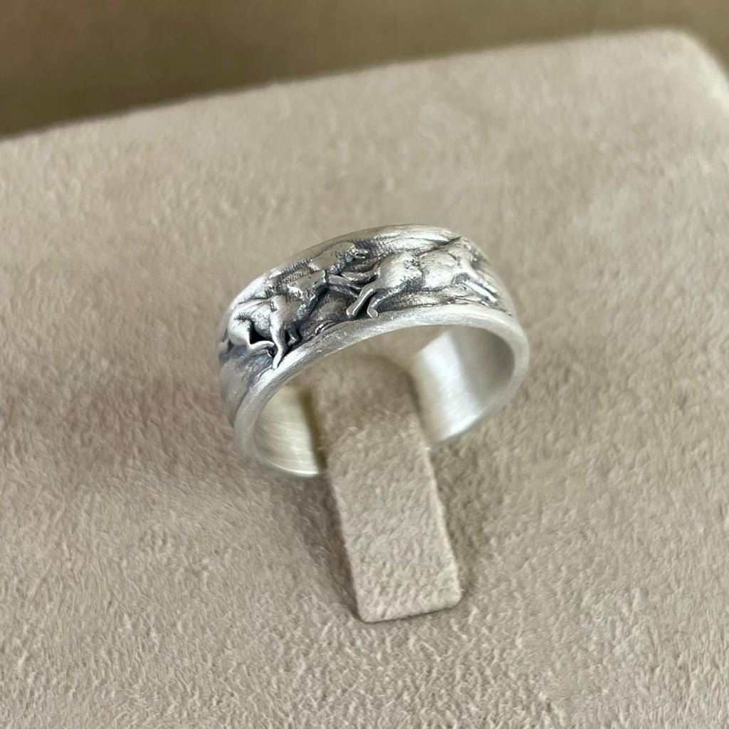 Wolf Ring, Running Wolves Wedding Silver Band Ring, 925K Streling Ring, 0.017-0.022, 0.31 Inch, Animal Jewelry, Gift For Boyfriend, Promise Ring