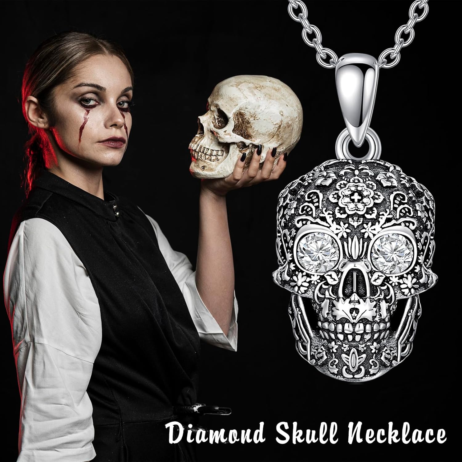 Diamond Skull Necklace for Women 925 Sterling Silver Floral Skull Pendant Necklaces with Lab Grown Diamond Jewelry Gifts