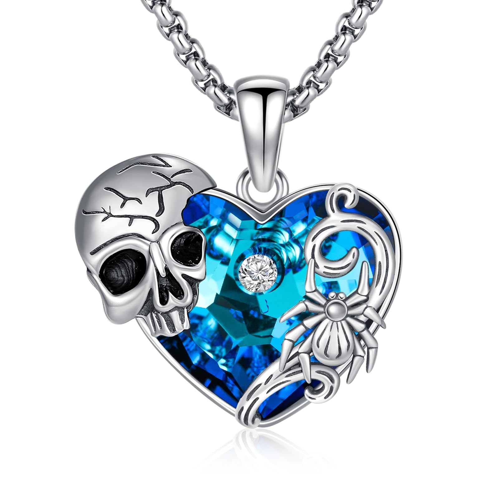 Skull Necklace 925 Sterling Silver Skull Pendant with Skeleton Hand and Austrian Aquamarine Heart Crystal Gothic Skull Horror Jewelry Gift for Women Halloween - 20+2” Stainless Steel Chain