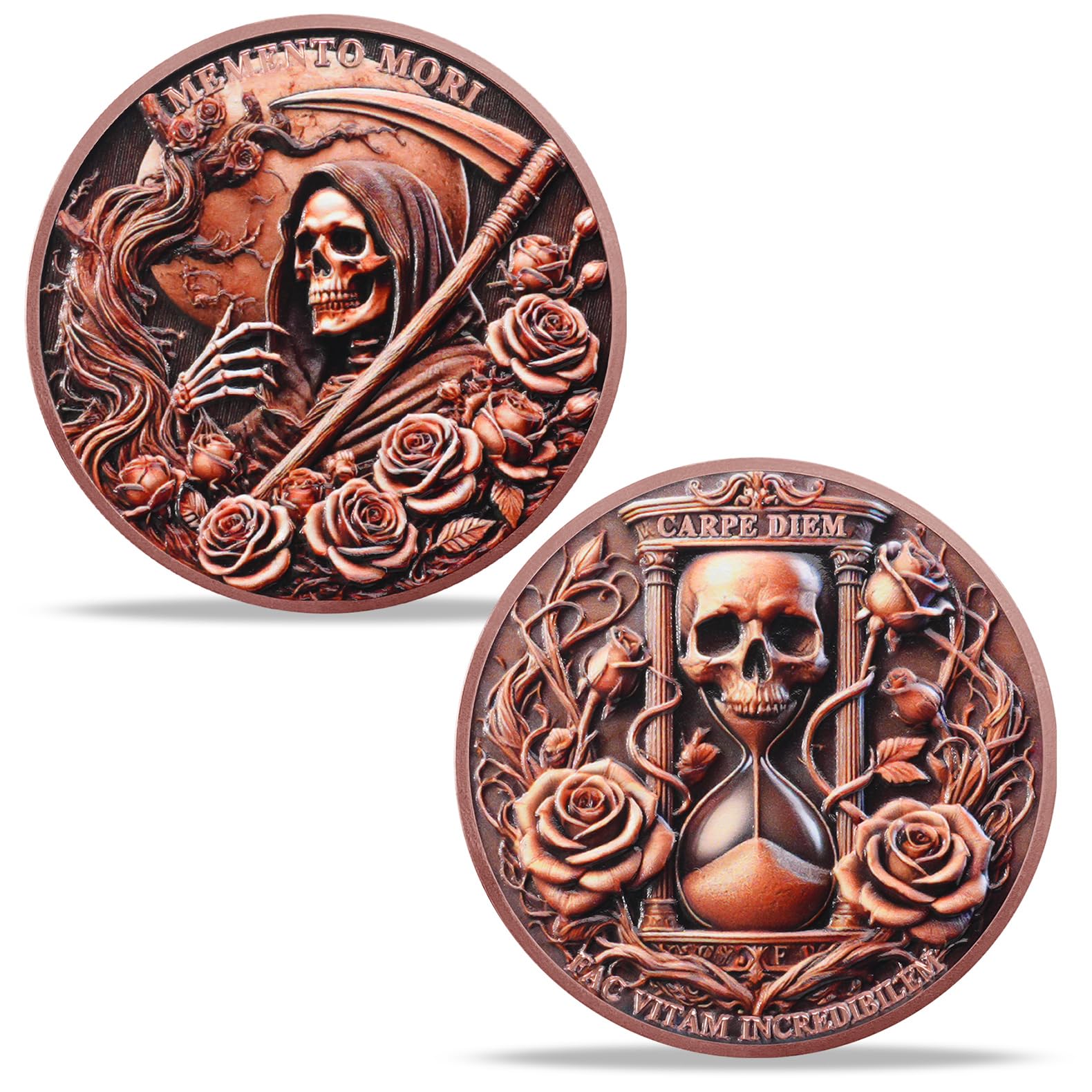 AtSKnSK Memento Mori Coin Momento Mori Coin Skull Coin Stoic Gifts Memento Mori Calendar Living Memento Mori Amor Fati Coin (Moth Rose Skull)
