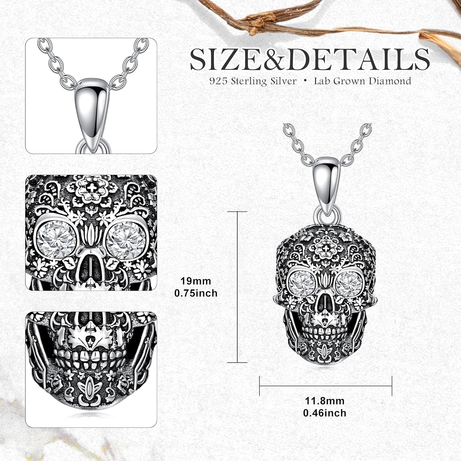 Diamond Skull Necklace for Women 925 Sterling Silver Floral Skull Pendant Necklaces with Lab Grown Diamond Jewelry Gifts
