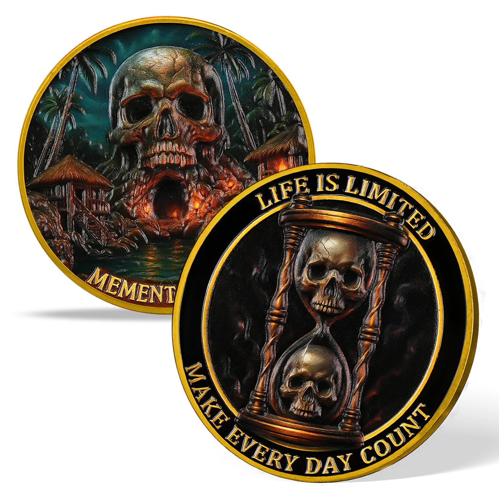 AtSKnSK Memento Mori Coin Momento Mori Coin Skull Coin Stoic Gifts Memento Mori Calendar Living Memento Mori Amor Fati Coin (Moth Rose Skull)
