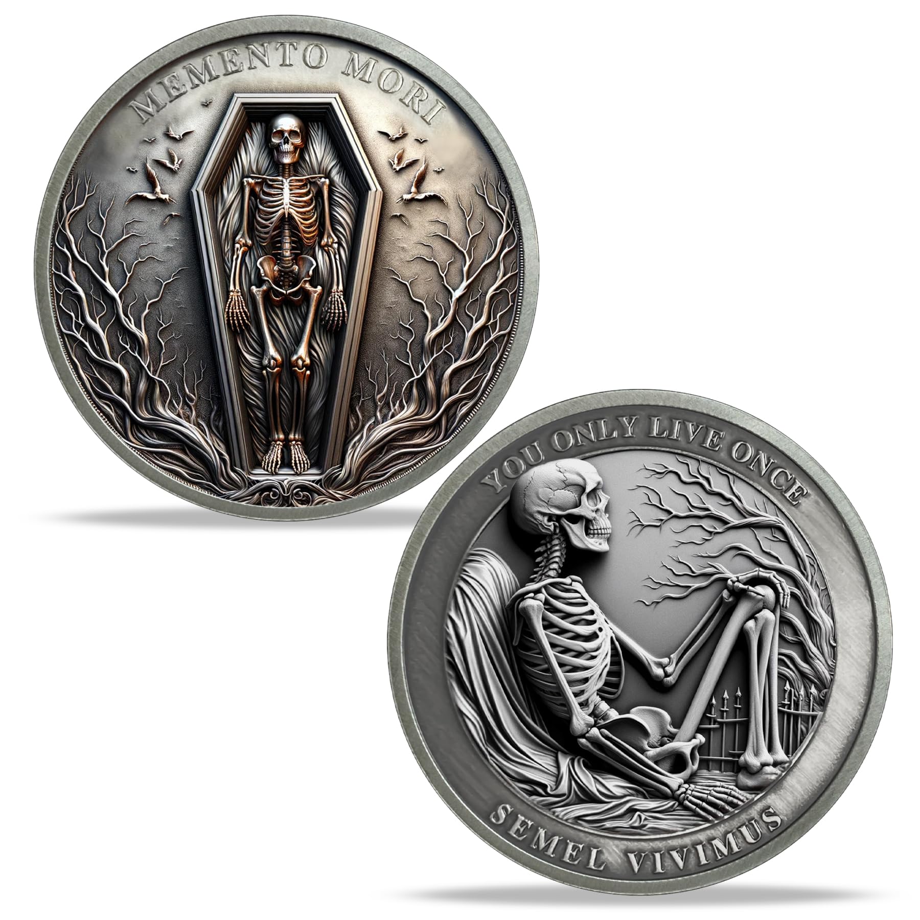 AtSKnSK Memento Mori Coin Momento Mori Coin Skull Coin Stoic Gifts Memento Mori Calendar Living Memento Mori Amor Fati Coin (Moth Rose Skull)