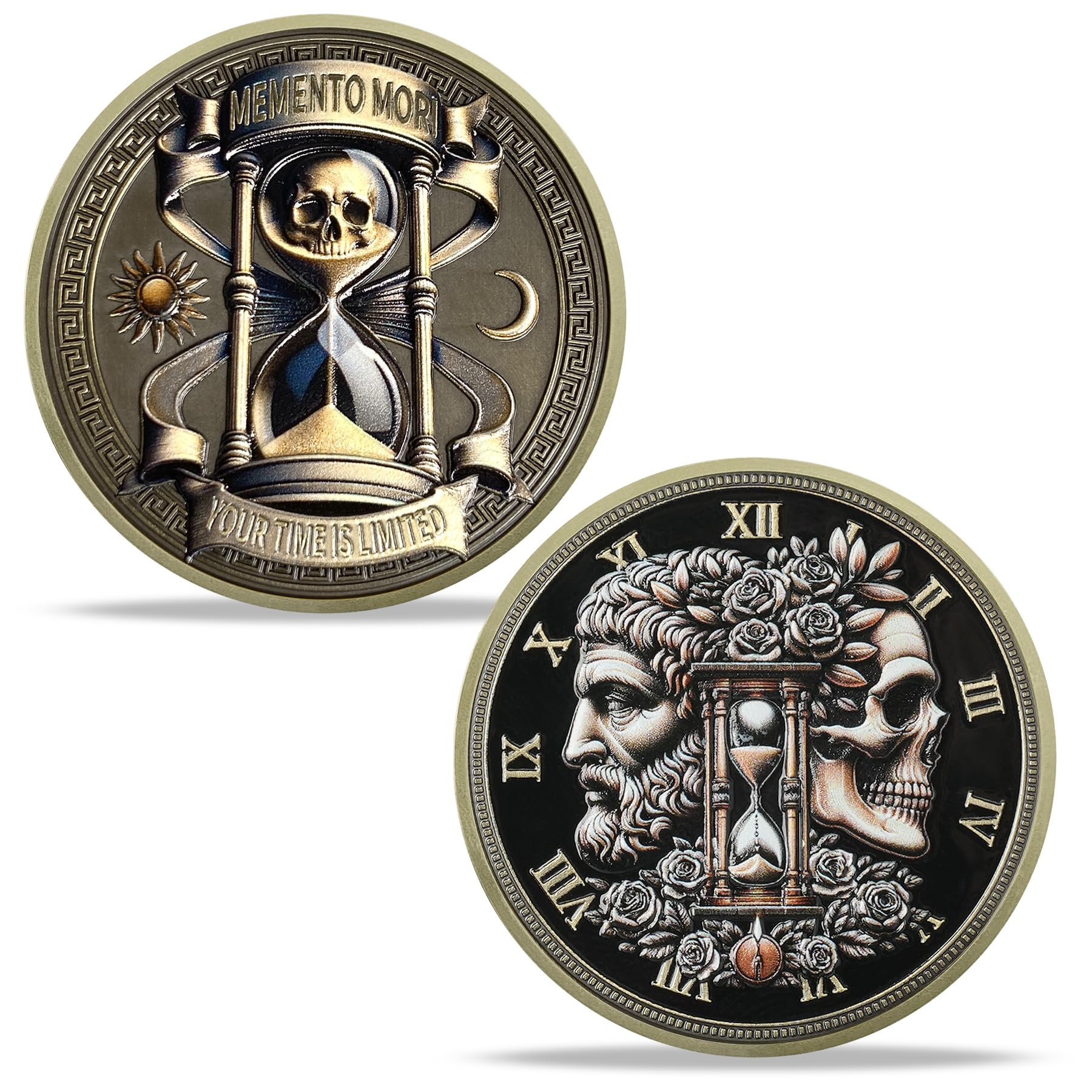 AtSKnSK Memento Mori Coin Momento Mori Coin Skull Coin Stoic Gifts Memento Mori Calendar Living Memento Mori Amor Fati Coin (Moth Rose Skull)