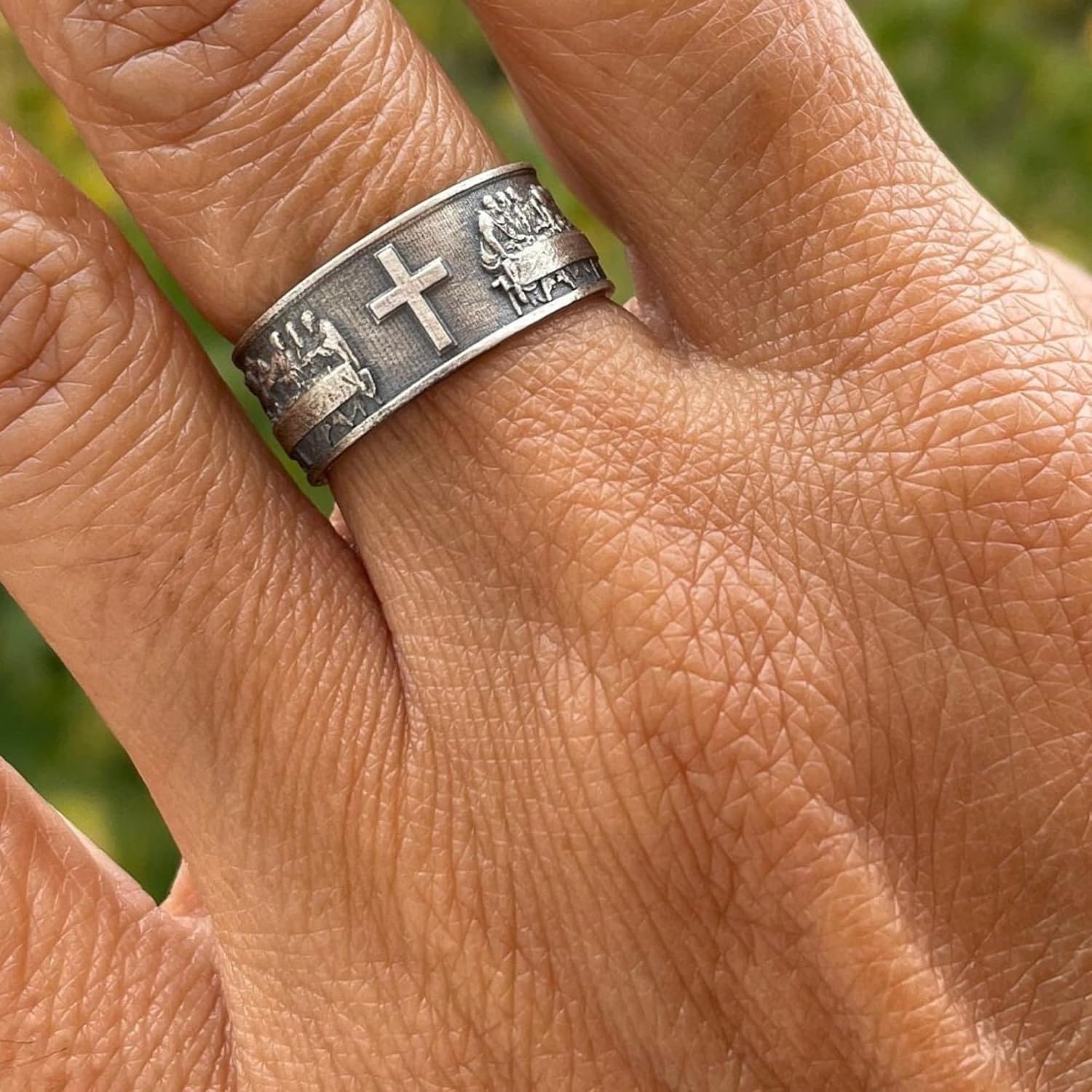 Last Supper Silver Band Ring, Handmade Sterling Mens Womens Band Ring, Mens 925K Ring with Cross, 0,013-0,017 Lbs, Custom Christian Jewelry, Catholic Gift