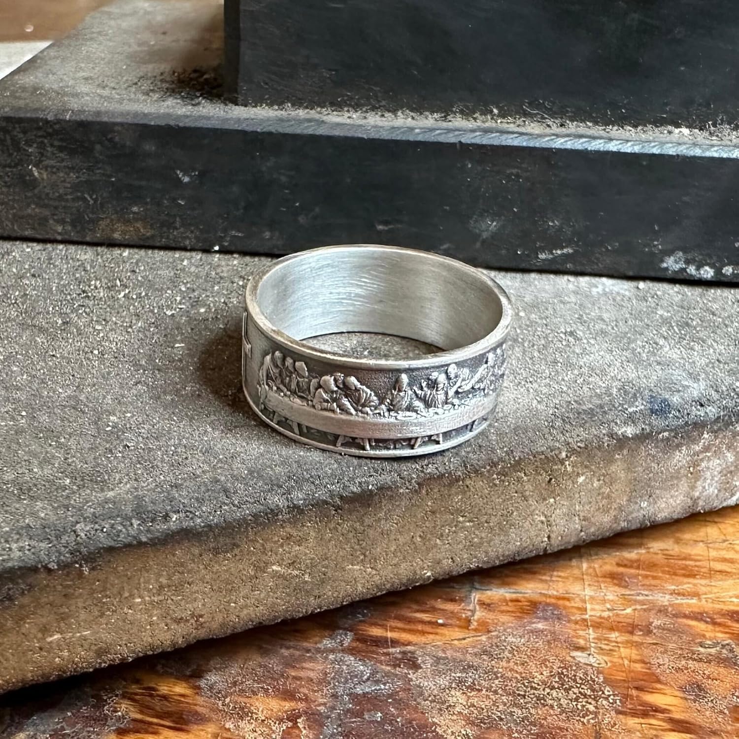 Last Supper Silver Band Ring, Handmade Sterling Mens Womens Band Ring, Mens 925K Ring with Cross, 0,013-0,017 Lbs, Custom Christian Jewelry, Catholic Gift