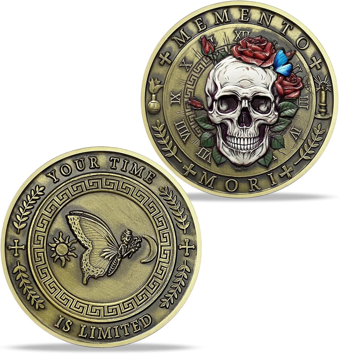 AtSKnSK Memento Mori Coin Momento Mori Coin Skull Coin Stoic Gifts Memento Mori Calendar Living Memento Mori Amor Fati Coin (Moth Rose Skull)