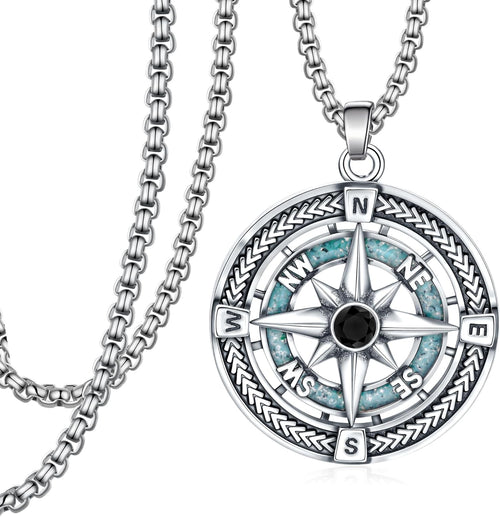 925 Sterling Silver Compass Necklace for Men - Graduation Gifts for Him with Turquoise - Compass Pendant for Graduation Mens Travel Jewelry